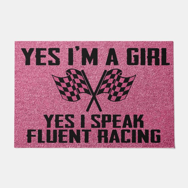 Yes I'm A Girl, Pink Racing  Doormat (Front)