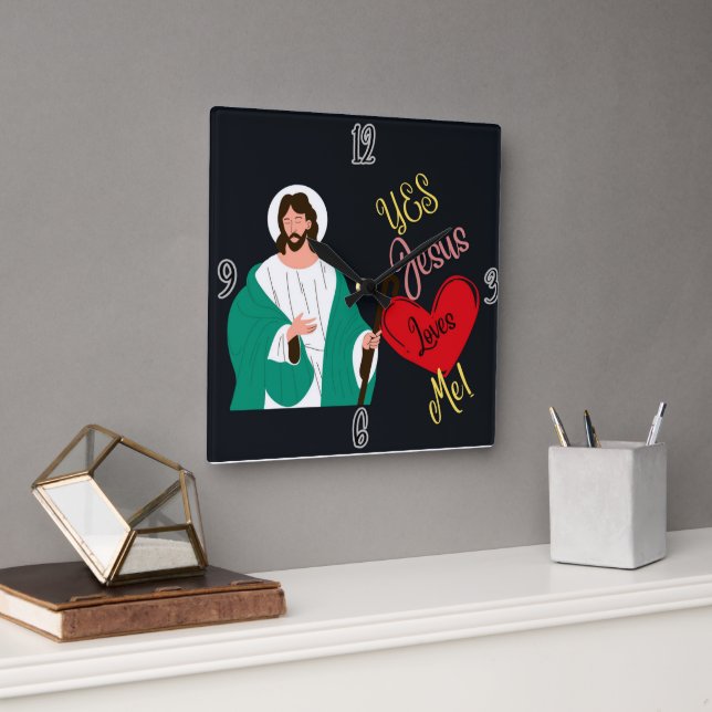 "Yes, Jesus Loves Me!" Black Square Wall Clock (Office)