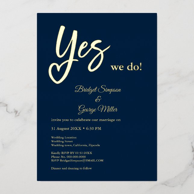 Yes We Do navy blue Gold wedding  (Front)