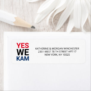 Yes We Kam red black blue typography address
