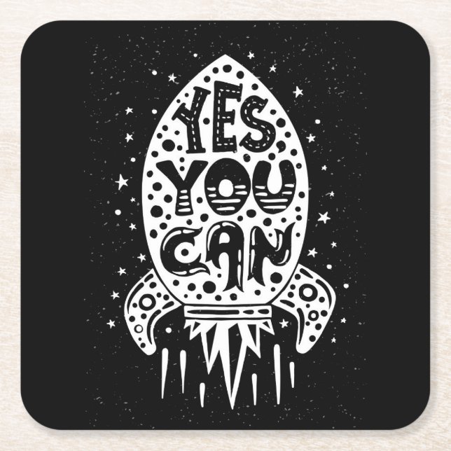 Yes You Can Rocketship Square Paper Coaster (Front)