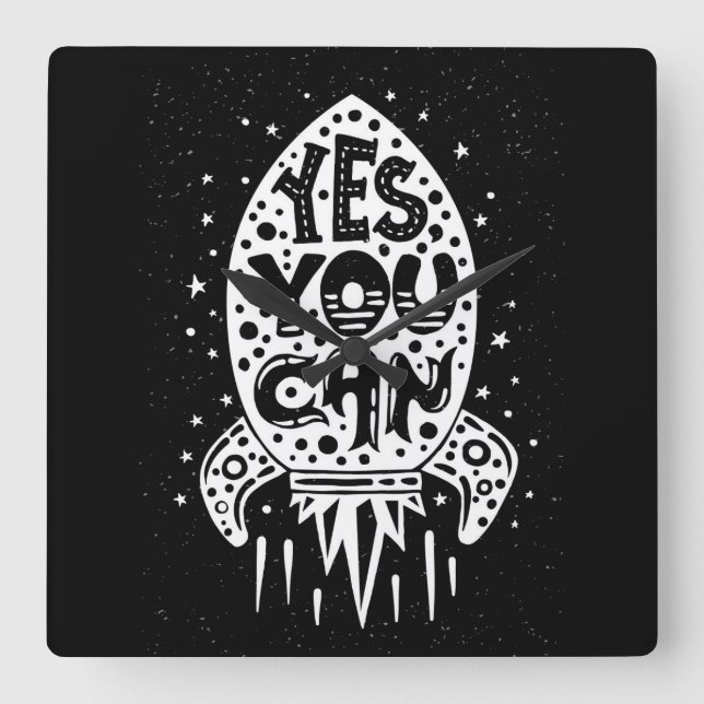 Yes You Can Rocketship Square Wall Clock (Front)