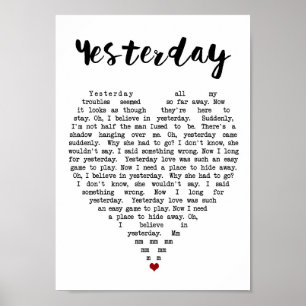 Yesterday Wall Art Song Lyric Heart Print
