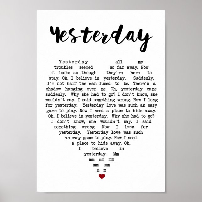 Yesterday Wall Art Song Lyric Heart Print (Front)