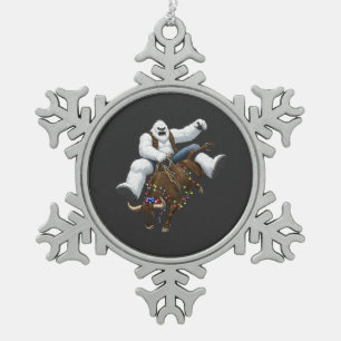 Yeti Bull Rider Santa Western Rodeo Christmas Snowflake Pewter Christmas Ornament