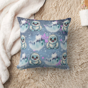 Yeti Sitting Kawaii Snowflakes Pattern Cushion