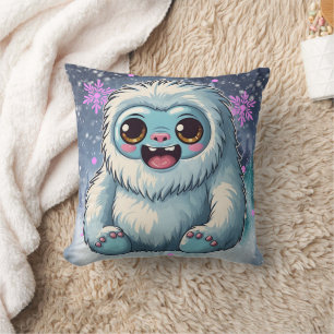 Yeti Sitting Kawaii Snowflakes Print Cushion