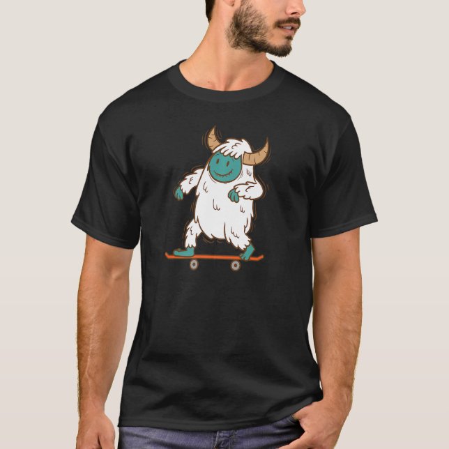 Yeti Skating Snowman Creature Footprints T-Shirt (Front)