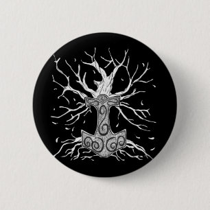 Yggdrasil, the Tree of Nine Worlds, and Mjolnir 6 Cm Round Badge