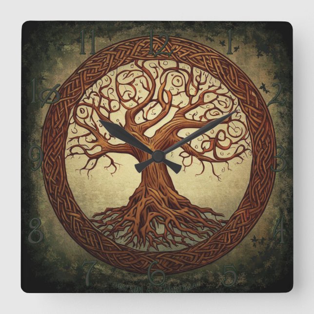 Yggdrasil, the World Tree Square Wall Clock (Front)