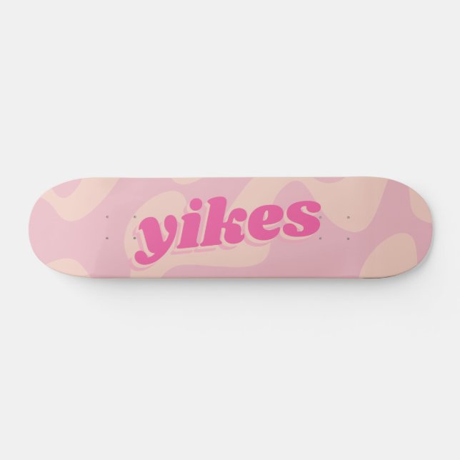 Yikes Pastel Pink Groovy Modern Typography Skateboard (Horz)