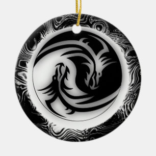 Yin and Yang Asian Dragons Ceramic Tree Decoration