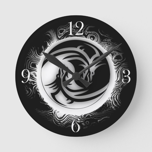 Yin and Yang Asian Dragons Round Clock (Front)