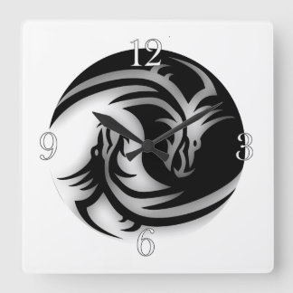 Yin and Yang Asian Dragons Square Wall Clock
