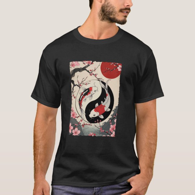 Yin And Yang Japanese Koi Carp Fish Cherry Blossom T-Shirt (Front)