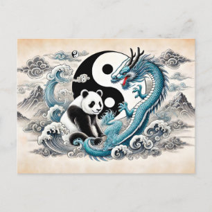 Yin and Yang Panda and Dragon in Asian Art Style Postcard