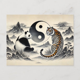 Yin and Yang Panda and Tiger in Asian Art Style Postcard