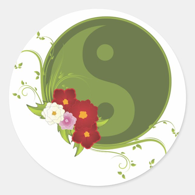 Yin Yang and Flowers Classic Round Sticker (Front)