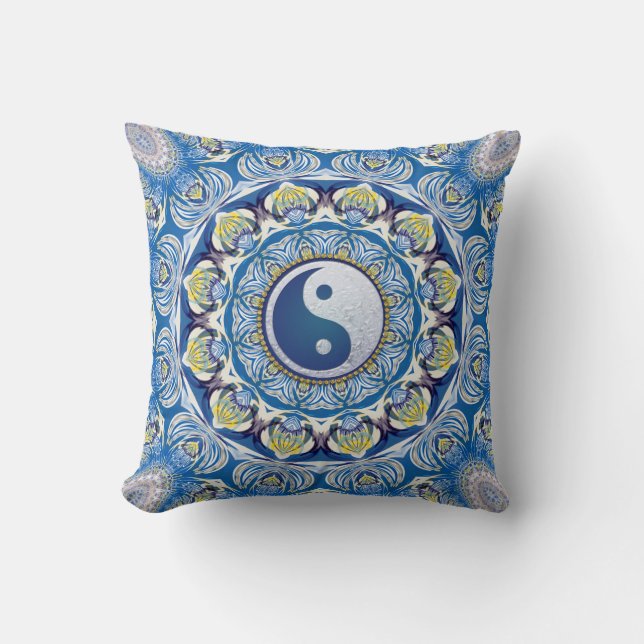 Yin Yang Balance Life Blue Yellow Mandala Cushion (Front)