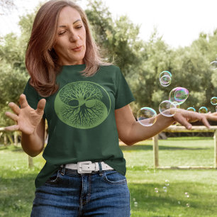 Yin Yang Banyan Tree of Life Monochromatic Green T-Shirt