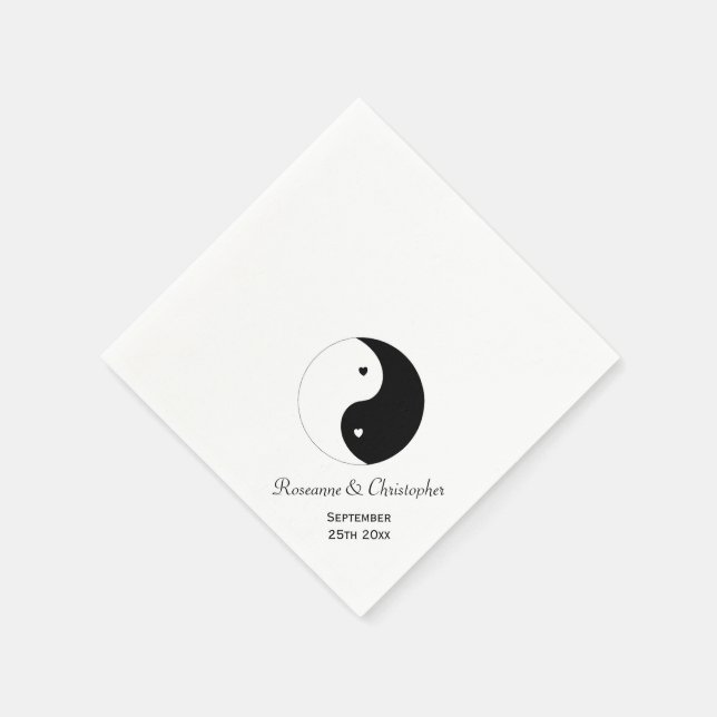 Yin Yang Black And White Hearts Wedding Napkin (Corner)