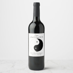 Yin Yang Black And White Hearts Wedding Wine Label