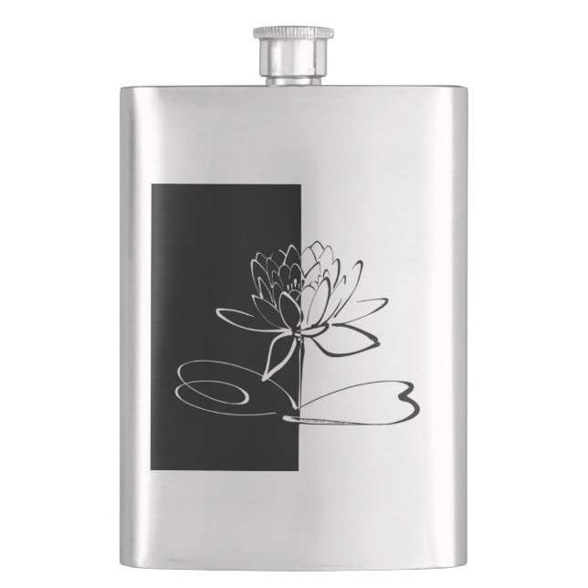 Yin Yang Black White Lotus Blossom Hip Flask (Front)
