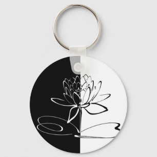 Yin Yang Black White Lotus Blossom Key Ring