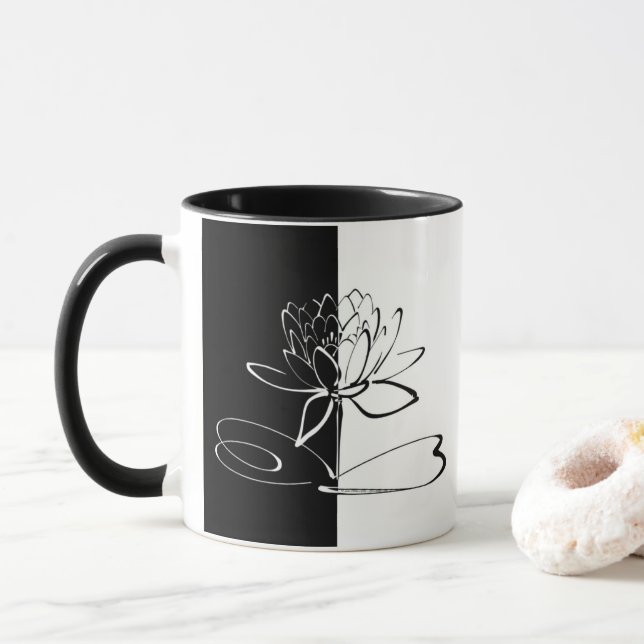 Yin Yang Black White Lotus Blossom Mug (With Donut)