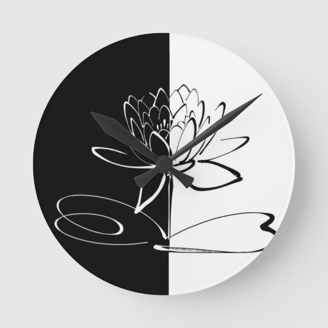Yin Yang Black White Lotus Blossom Round Clock (Front)