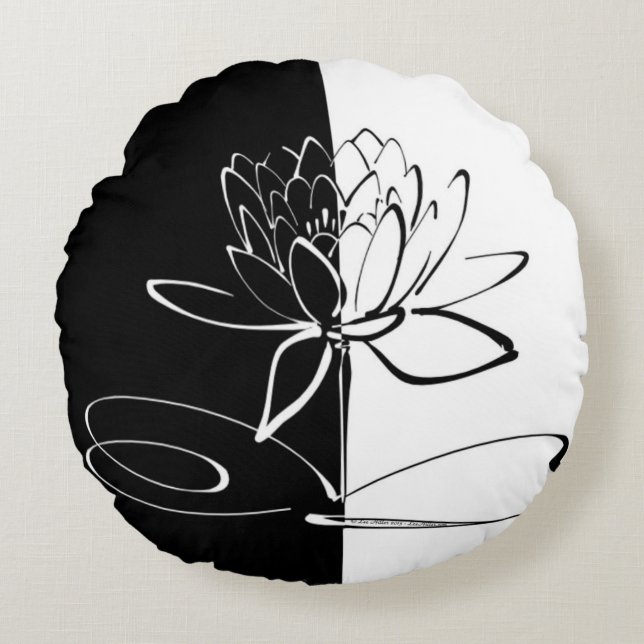 Yin Yang Black White Lotus Blossom Round Cushion (Front)