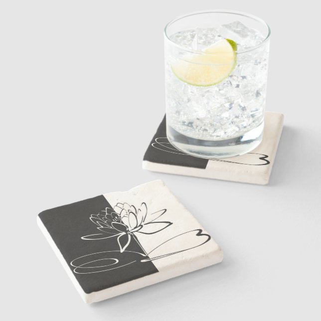 Yin Yang Black White Lotus Blossom Stone Coaster (Side)