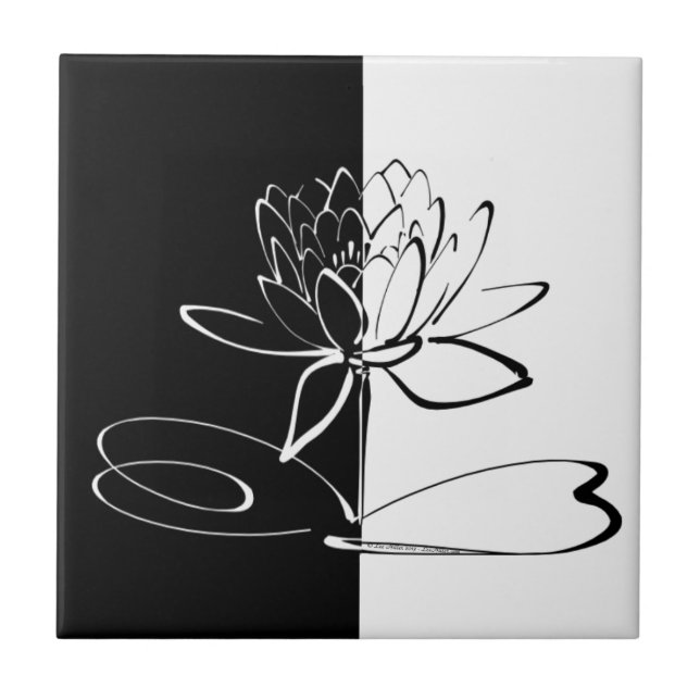 Yin Yang Black White Lotus Blossom Tile (Front)
