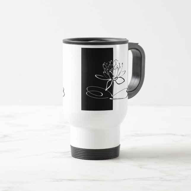 Yin Yang Black White Lotus Blossom Travel Mug (Front Right)