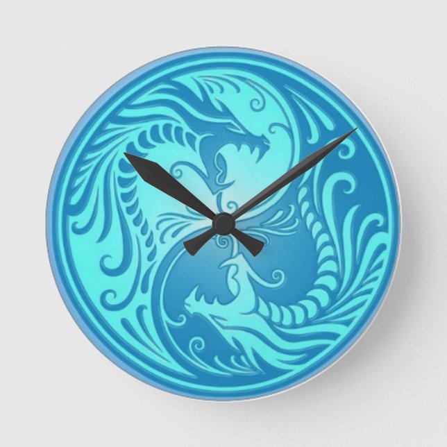 Yin-Yang Blue Chinese Dragons Round Clock (Front)
