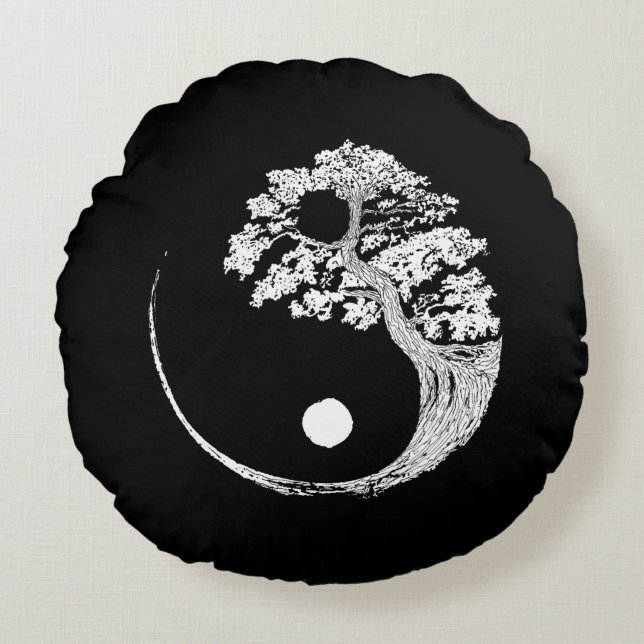 Yin Yang Bonsai Tree Japanese Buddhist Zen Round Cushion (Front)