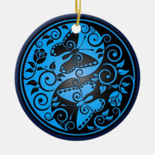 Yin Yang Butterflies, blue & black Ceramic Tree Decoration