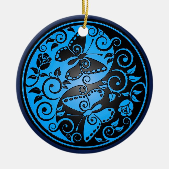 Yin Yang Butterflies, blue & black Ceramic Tree Decoration (Front)