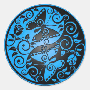 Yin Yang Butterflies, blue & black Classic Round Sticker
