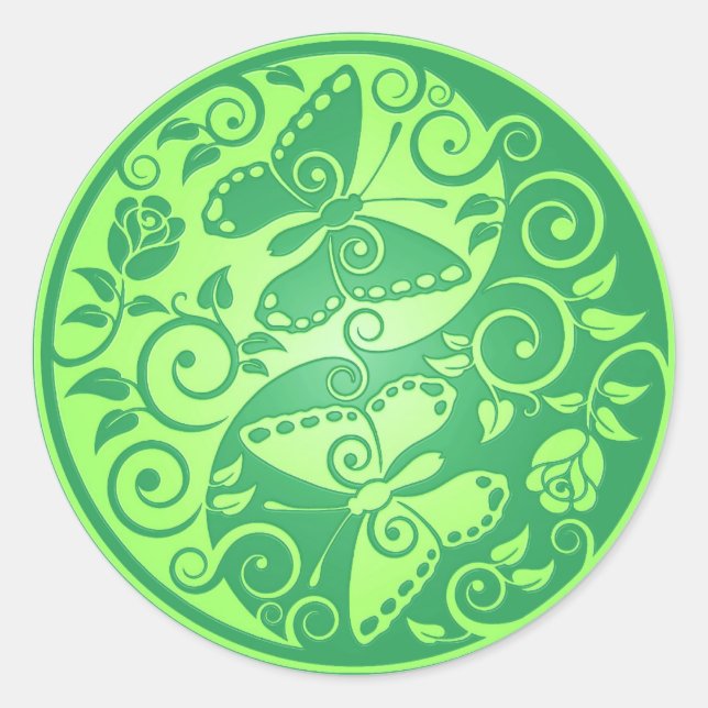 Yin Yang Butterflies, green Classic Round Sticker (Front)