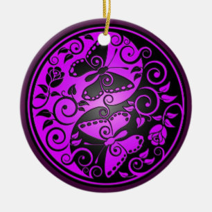Yin Yang Butterflies, purple & black Ceramic Tree Decoration