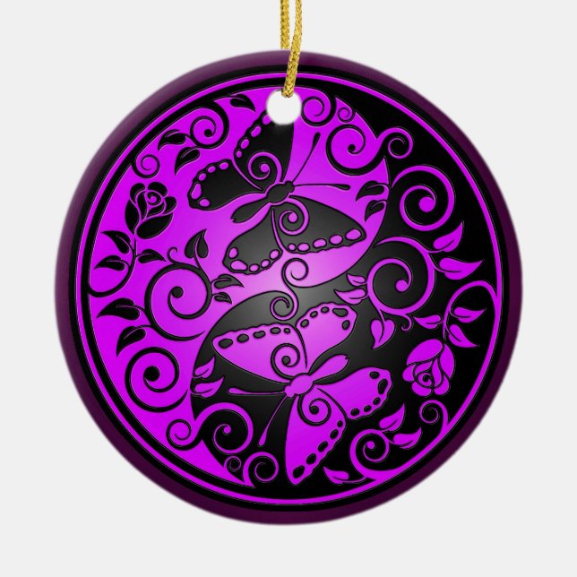 Yin Yang Butterflies, purple & black Ceramic Tree Decoration (Front)