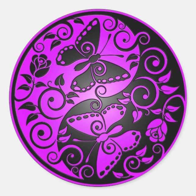 Yin Yang Butterflies, purple & black Classic Round Sticker (Front)