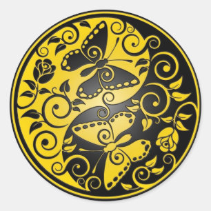 Yin Yang Butterflies, yellow & black Classic Round Sticker