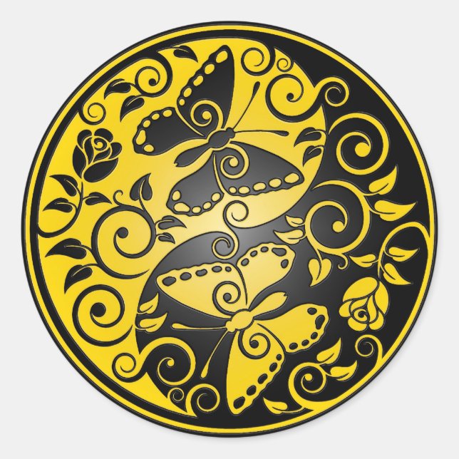 Yin Yang Butterflies, yellow & black Classic Round Sticker (Front)