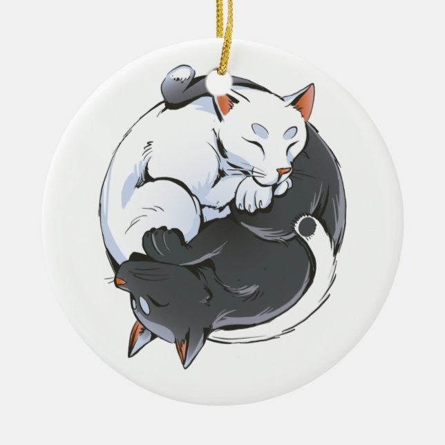 Yin Yang Cats – Peaceful Zen Cat Art Design Ceramic Tree Decoration (Front)