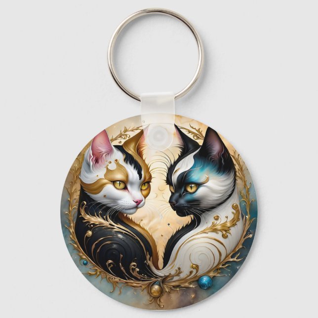 Yin-Yang Cats with Magical Cosmic Elements Key Ring (Front)