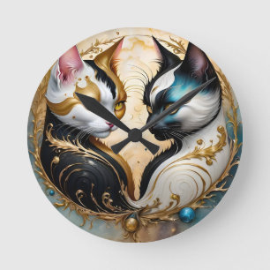 Yin-Yang Cats with Magical Cosmic Elements Round Clock
