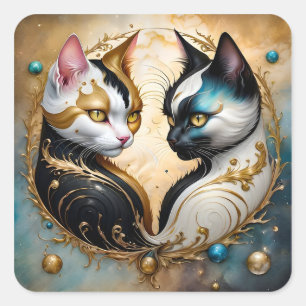 Yin-Yang Cats with Magical Cosmic Elements Square Sticker