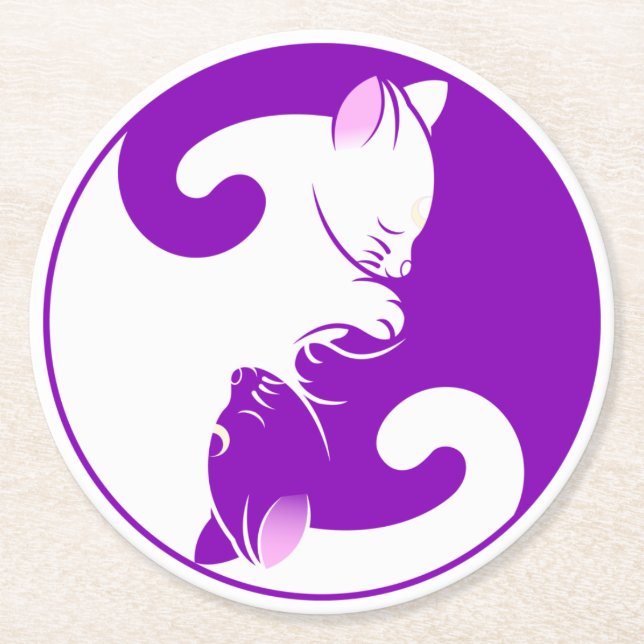 Yin Yang Cats Zen Yoga Meditation Purple White Round Paper Coaster (Front)